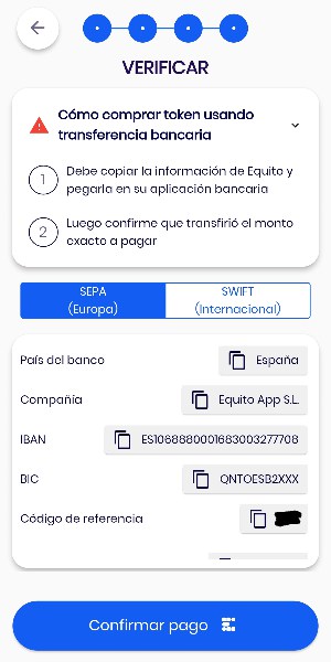 Hacer transferencia SEPA para invertir en Equito App